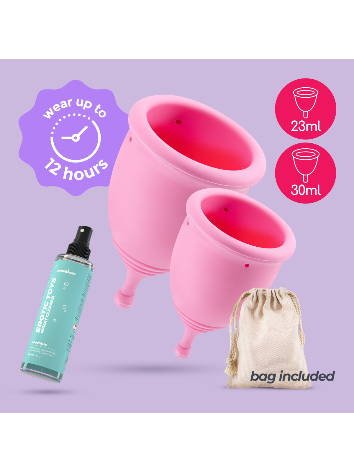 COPOS MENSTRUAIS MINERVA S + L COM BOLSA E LIMPADOR DE BRINQUEDOS 150 ML CRUSHIOUS