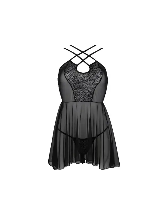 CAMISA DE NOITE E TANGA SELAGINELLA PRETO ECO COLLECTION PASSION