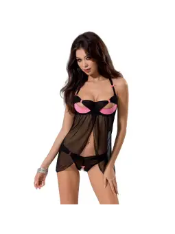 CAMISA DE NOITE E TANGA PRALINE PRETA DEVIL COLLECTION PASSION