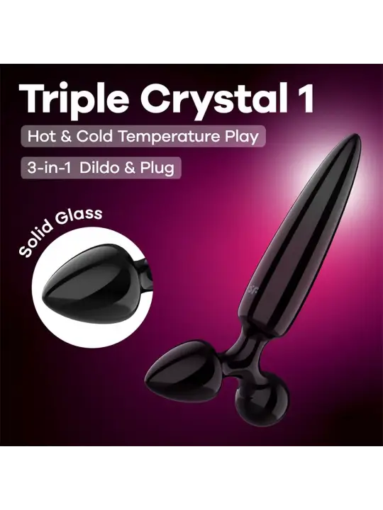 DILDO DE VIDRO COM PLUG TRIPLE CRYSTAL 1 PRETO SATISFYER