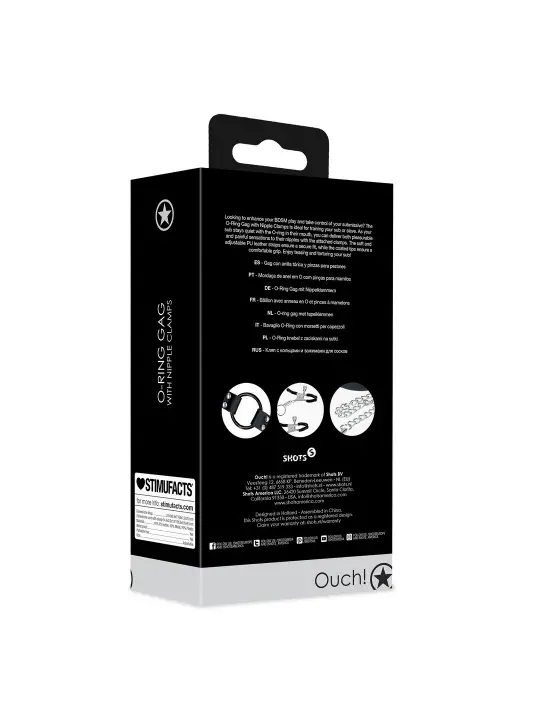 MORDAÇA COM ANEL E PINÇAS PARA OS MAMILOS PRETA OUCH!