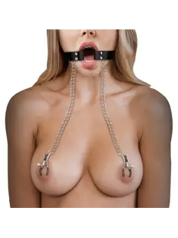 MORDAÇA COM ANEL E PINÇAS PARA OS MAMILOS PRETA OUCH!