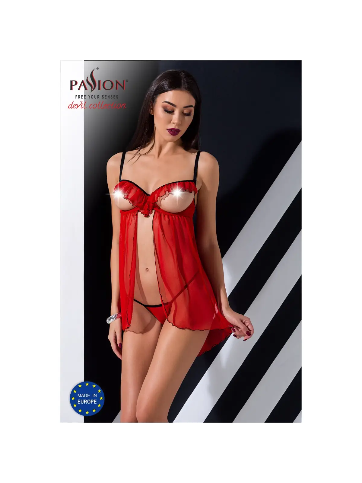 CAMISA DE NOITE E TANGA CHERRY VERMELHO DEVIL COLLECTION PASSION