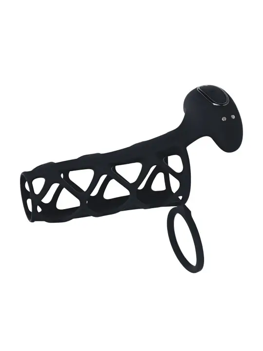 MANGA PARA O PÉNIS EM SILICONE COM VIBRAÇÃO E ANEL PARA TESTÍCULOS PRETO LEVELZ 