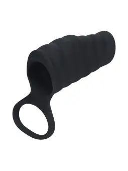 MANGA VIBRATÓRIA DE SILICONE COM ESTRIAS PARA O PÊNIS E ANEL PARA OS TESTÍCULOS PRETO 