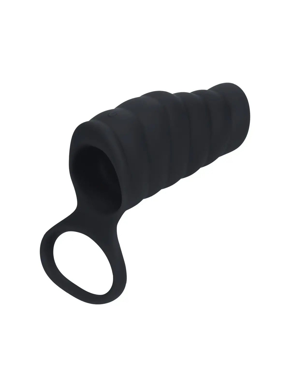 MANGA VIBRATÓRIA DE SILICONE COM ESTRIAS PARA O PÊNIS E ANEL PARA OS TESTÍCULOS PRETO 