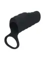 MANGA VIBRATÓRIA DE SILICONE COM ESTRIAS PARA O PÊNIS E ANEL PARA OS TESTÍCULOS PRETO 
