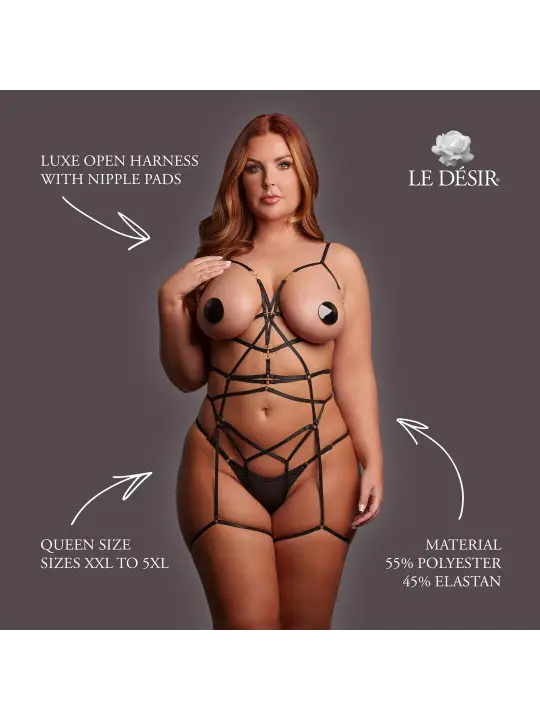 LUXE OPEN HARNESS WITH NIPPLE PADS - QUEEN SIZE - BLACK