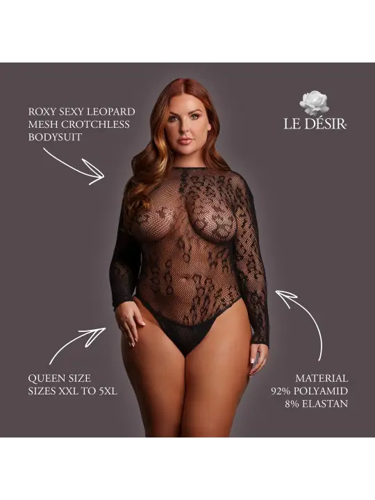 ROXY - SEXY LEOPARD MESH CROTCHLESS BODYSUIT - QUEEN SIZE - BLACK