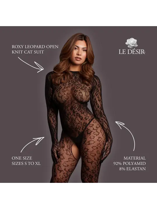 ROXY - LEOPARD OPEN KNIT CAT SUIT - ONE SIZE - BLACK