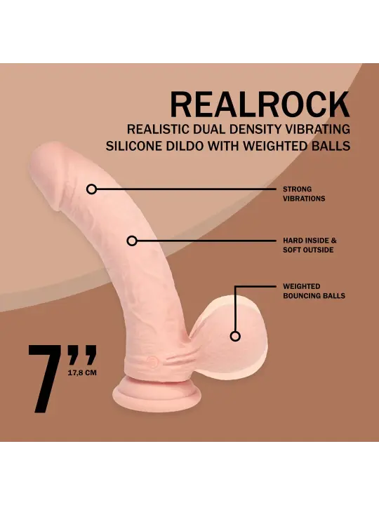 VIBRADOR RECARREGÁVEL COM TESTÍCULOS DUAL DENSITY  LIQUID SILICONE CURVED 7 /18 CM FLESH REALROCK