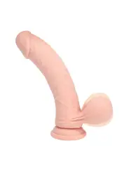 VIBRADOR RECARREGÁVEL COM TESTÍCULOS DUAL DENSITY RECHARGEABLE LIQUID SILICONE CURVED 6 /15 CM FLESH