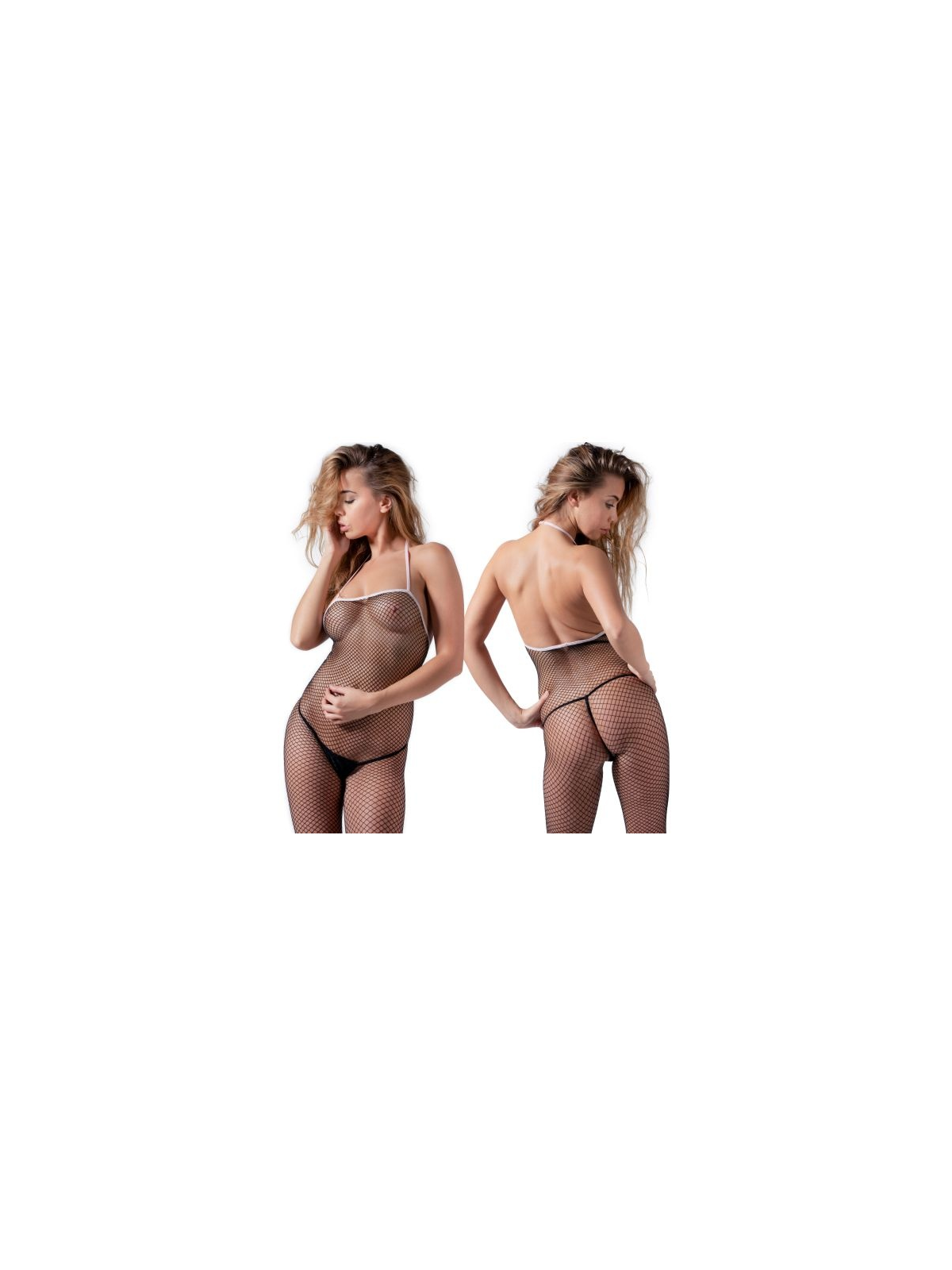 CATSUIT PRETO DE REDE COM COSTURA ROSA